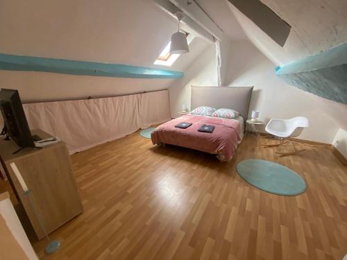 a bedroom with a bed and a tv in it at Le Petit Chez Nous - Cœur de village historique classé - Fibre Wi fi in Montieramey