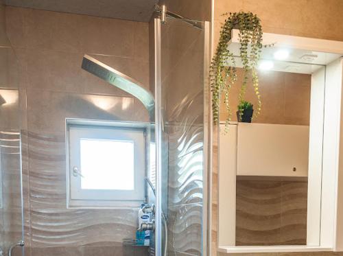 a bathroom with a shower with a window and a sink at Vila Danica in Golubac