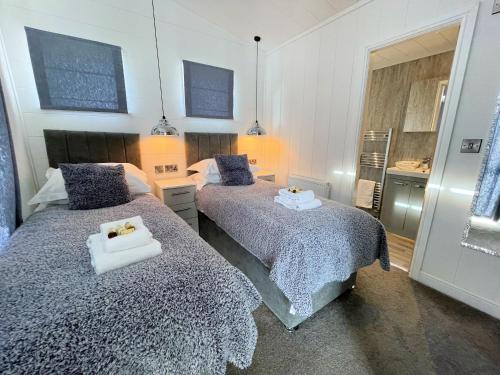 a bedroom with two beds and a mirror at Gorgeous Lake Lodge with HTub Outstanding Views in Annan