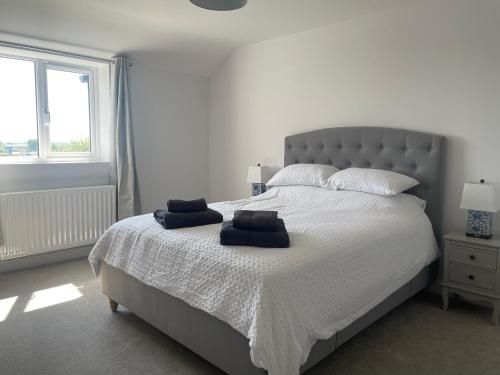 a white bedroom with a large bed with two pillows at Beautiful Executive Home in Llanelli