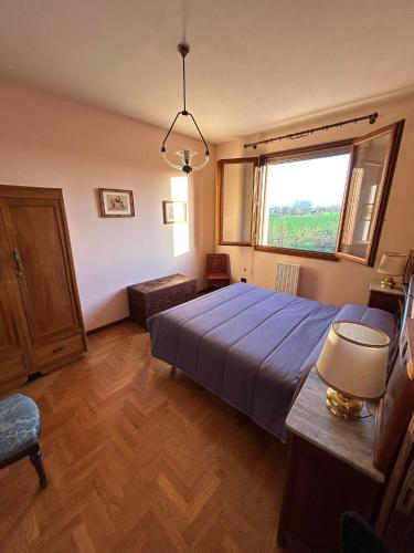 a bedroom with a large bed and a window at Agriturismo Garzolé in Castelfranco Emilia