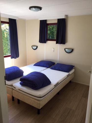 two beds in a room with blue pillows at Chalet met Veranda en whirlpool gelegen in NP Drents Friese Wold, camping met zwembad 70 in Wateren