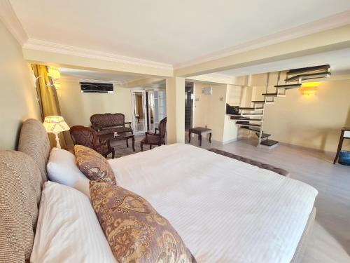 a bedroom with a bed and a living room at SOFIA BOUTIQUE HOTEL in Kérynia