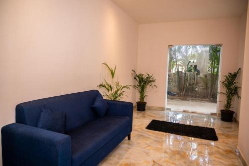 a blue couch in a living room with plants at Hotel Meraden Opus , Anjuna Beach Goa in Anjuna