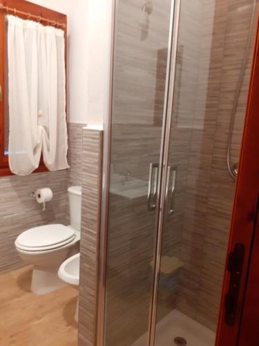 La salle de bains est pourvue de toilettes et d'une douche en verre. dans l'établissement casa rosa nel residence mirice con piscina ,wifi,climatizzatore - vicino al mare, à Aglientu