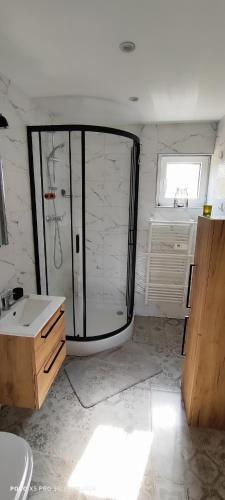 a bathroom with a shower and a sink at Chata DUDZIAKÓWKA in Werlas