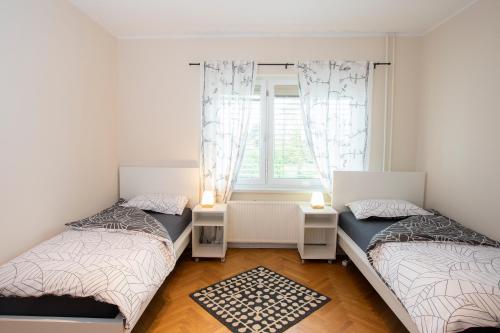 2 camas en una habitación con ventana en Apartment Rozalija Žirovnica, en Žirovnica