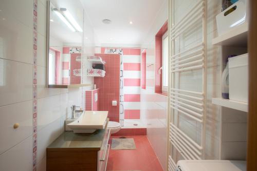 baño con lavabo blanco y rayas rojas y blancas en Apartment Rozalija Žirovnica, en Žirovnica