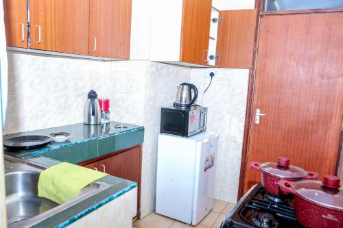 a small kitchen with a microwave on top of a refrigerator at Tiamcy homes in Kisumu