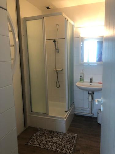 une salle de bain avec douche et lavabo dans l'établissement Au cœur historique de La Rochelle, à La Rochelle