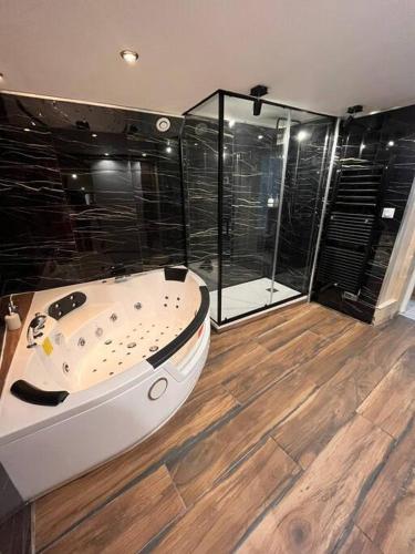 une grande salle de bain avec baignoire et douche dans l'établissement Appartement - Saint-Blaise, à Caen