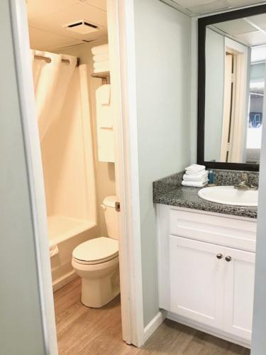 a bathroom with a toilet and a sink and a mirror at Ocean Plaza Motel in Myrtle Beach