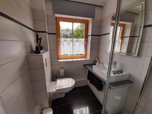 a bathroom with a sink and a toilet and a window at Apartment Holunderbusch in Schönberger Strand