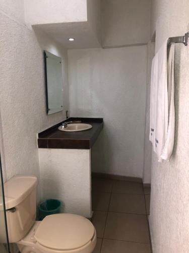 Hotel Metropolitan في غواذالاخارا: حمام صغير مع مرحاض ومغسلة