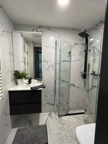 a bathroom with a shower and a sink at Villa Bauhaus Silver Wellness Apartman in Siófok
