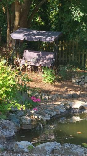 a picnic table with a canopy next to a pond at Wellington Farm Devon near sidmouth beach & AONB- dog friendly in Honiton