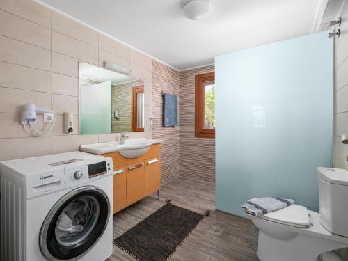 a bathroom with a washing machine and a sink at Villa Aura Pine in Agia Pelagia