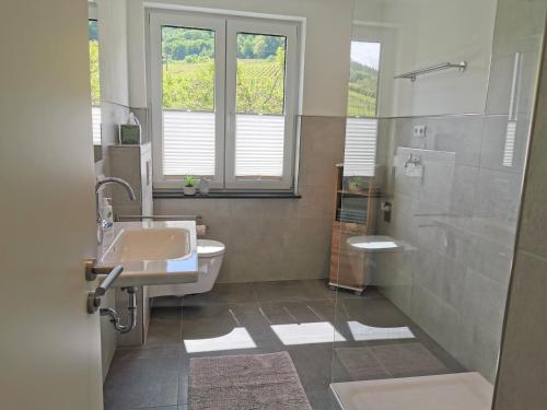 a bathroom with a sink and a toilet and a window at Ferienwohnung am Weingarten in Ernst