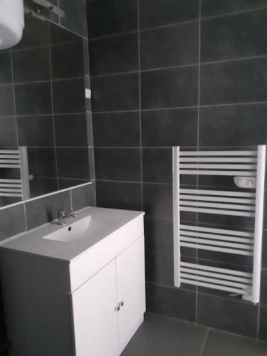 ein Badezimmer mit einem weißen Waschbecken und einem Spiegel in der Unterkunft SAPHIR in Nogent-sur-Oise
