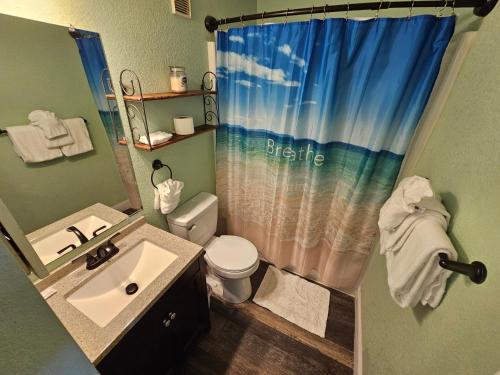 マートルビーチにあるMyrtle Beach Resort- Unit A 428のバスルーム(洗面台、トイレ、シャワーカーテン付)