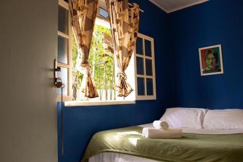 瑟拿的住宿－Pousada no Sana Donna Leda，卧室设有蓝色的墙壁、一张床和一个窗户