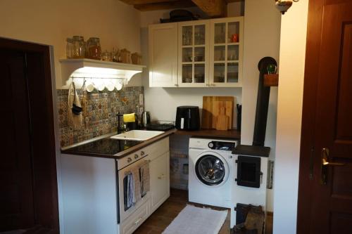a kitchen with a sink and a washing machine at Drevenica Harmony in Ružomberok