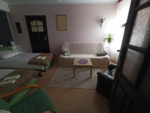 a living room with a couch and a table at Apartament Suwalski Zakątek in Suwałki