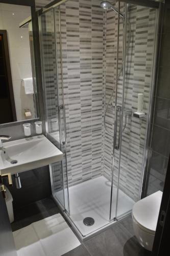 a bathroom with a shower and a sink and a toilet at Hotel Fiesa in Piran