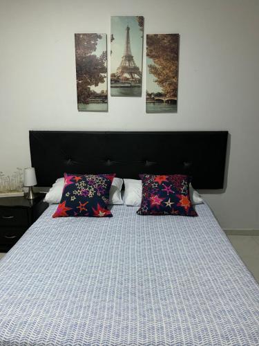 a bed with two pillows and pictures of the eiffel tower at El Rincón de Granada Casa de Huespedes in Cali