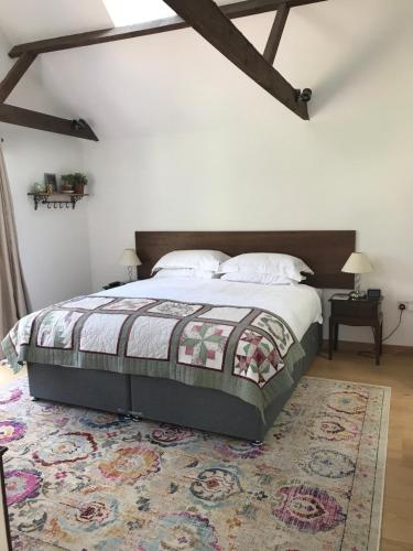 ein Schlafzimmer mit einem großen Bett und einem Teppich in der Unterkunft Garden View in Saxlingham Thorpe