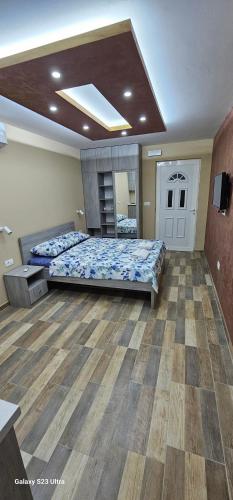 ein großes Schlafzimmer mit einem Bett und einem Holzboden in der Unterkunft Ekonomic Apartmani in Golubovci