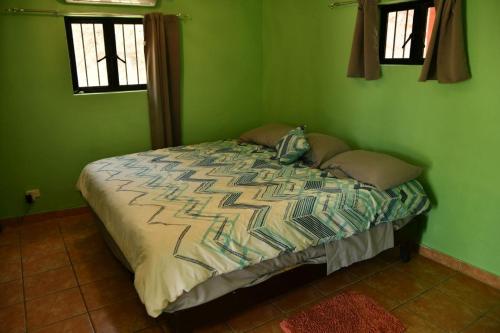 a bedroom with a bed with green walls and windows at La casita in Álamos