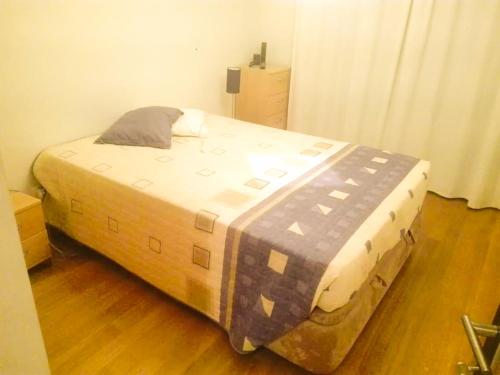 uma cama grande num quarto com piso em madeira em BEACH FRONT APARTMENT - with swimming pool, barbecue and tennis court! em Viana do Castelo
