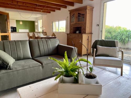 a living room with a couch and some plants at La Grange Neuve in Plougonvelin