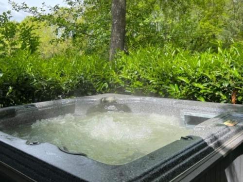 una bañera llena de agua en un jardín en Restful Holiday Home with a Private Terrace and hottub en Veendam
