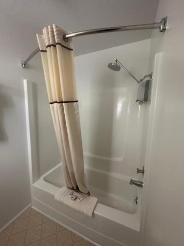 a shower with a curtain in a bathroom at Fossil Butte Motel in Kemmerer