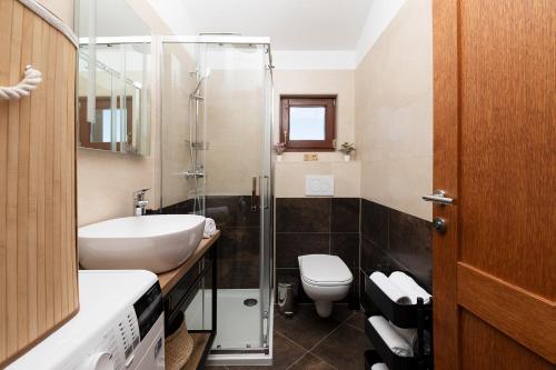 a bathroom with a sink and a toilet and a shower at Cesare Apartment, with Swimming pool and Sea view in Ližnjan