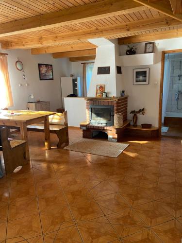 a living room with a table and a fireplace at Gunia Gesthouse in Łukta
