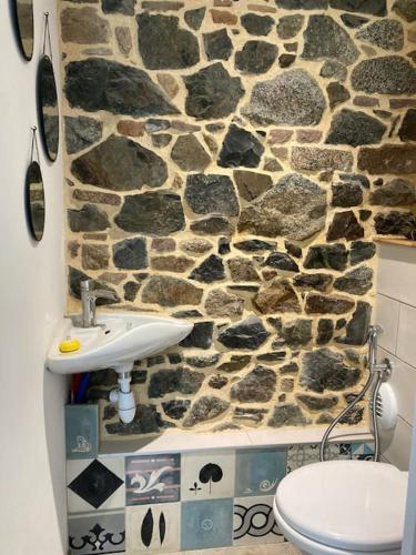une salle de bain en pierre avec un lavabo et des toilettes dans l'établissement Maison avec jardin /proche plage, à Planguenoual