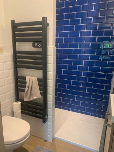 La salle de bains est pourvue de toilettes et d'un mur en carrelage bleu. dans l'établissement Villa - Montalivet les bains - 450m Océan, à Vendays-Montalivet