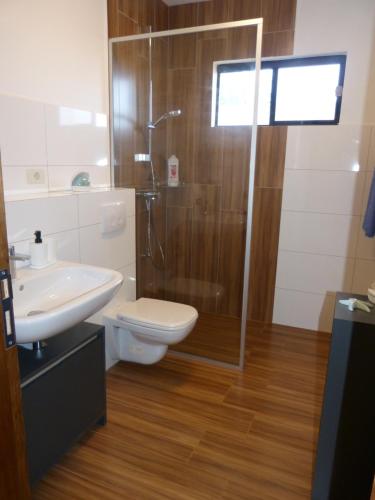 y baño con ducha, aseo y lavamanos. en Modernes Ferienhaus in Paraguay, Hohenau mit Reitanlage und Beachvolleyball en Hohenau