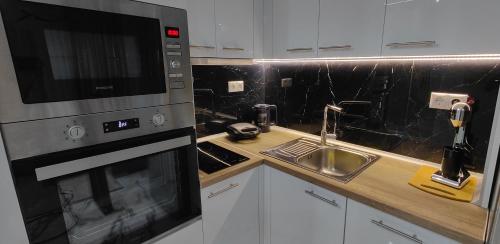 a kitchen with a sink and a microwave at Cozy Garden View Apartment in Paralia in Paralia Katerinis