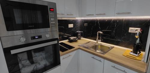 cocina con fregadero y microondas en Cozy Garden View Apartment in Paralia, en Paralia Katerinis