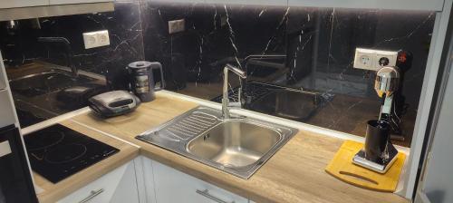 a kitchen counter with a sink and a kitchen appliance at Cozy Garden View Apartment in Paralia in Paralia Katerinis