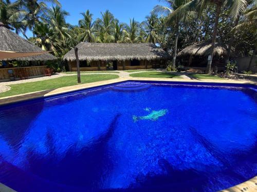 a large blue swimming pool in front of a resort at Bambuddha Centro Holistico in Barra Vieja