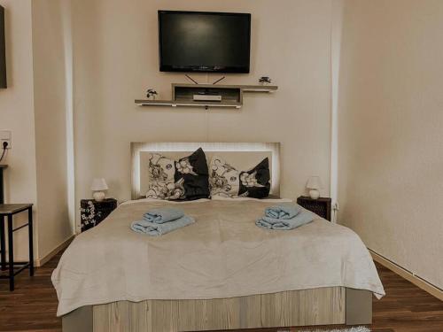 1 dormitorio con 1 cama y TV en la pared en Unser sonniges Apartment mit WLAN, Netflix, XBox en Magdeburgo