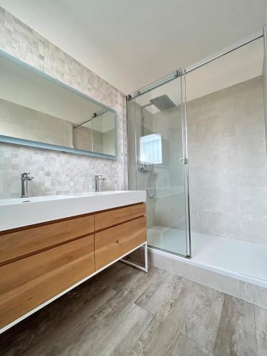une salle de bain avec un lavabo et une douche dans l'établissement Villa Centre ville, à Arcachon