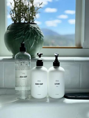 three bottles of laundry detergent sitting next to a window at @wild_olive_den ~ Serene Weekend Getaway Cabin in Running Springs