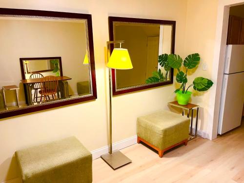 BedExpress في بالتيمور: غرفة معيشة فيها مصباح وكرسي ومرآة