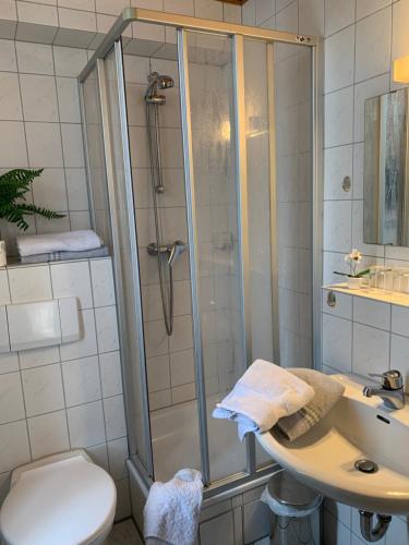 a bathroom with a shower and a sink and a toilet at Hotel Restaurant Syrtaki in Gernsbach